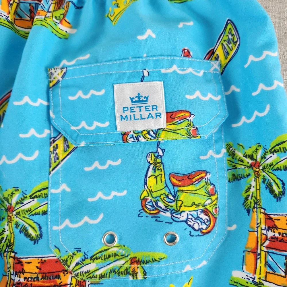 Peter Millar Mens XL Worth Ave Palm Beach Swim Trunks Blue Scooter Print Shorts